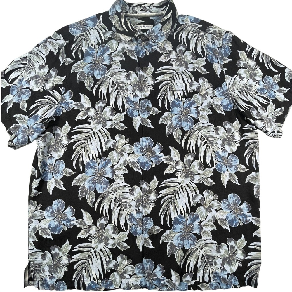 Tommy Bahama Shirt Mens XL Black Silk Hibiscus Tropical Floral Button Down XL/TG